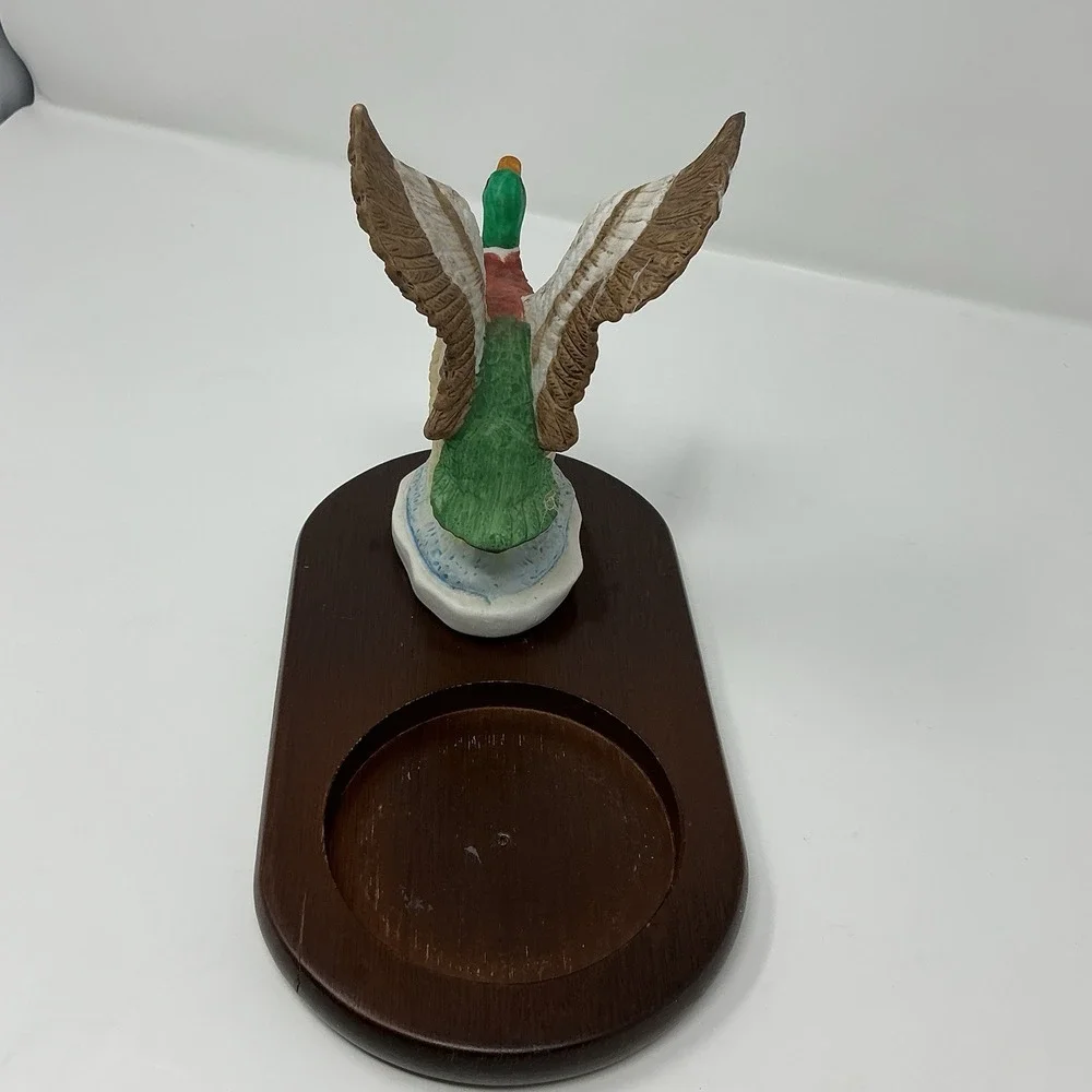 Vintage Mallard Duck Ceramic Figurine Wood Base Ashtray Holder Cabin Decor